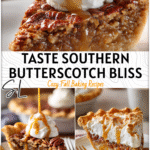 Slice of creamy butterscotch pecan pie served on a white plate with a drizzle of caramel sauce.